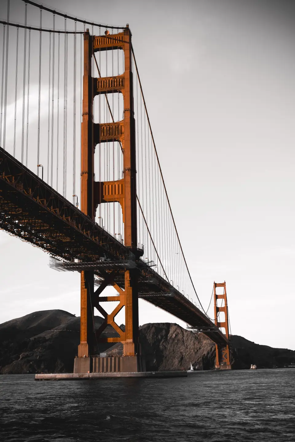 Golden Gate Bridge in San Francisco seen from the water below its south tower